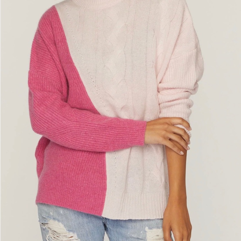 Cashmere sweater colorblock cable/rib mock neck sugar blush and rose Heather